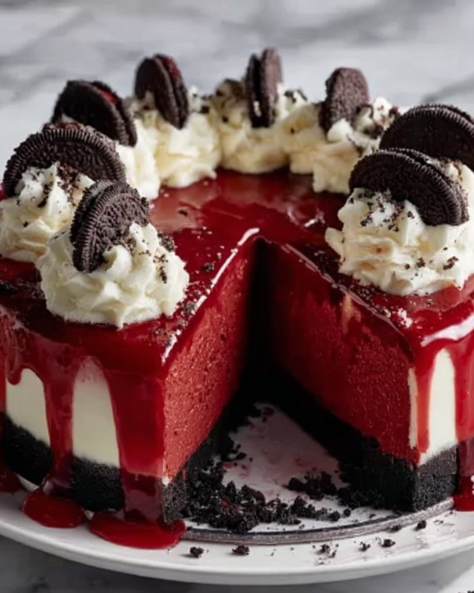 The image shows a red velvet cheesecake with three clear layers on a white plate. The bottom layer is a dark, crumbly crust, the middle layer is a thick, smooth red velvet cheesecake, and the top is a glossy red glaze that drips slightly down the sides. On top, there are eight dollops of white whipped cream, each topped with a piece of dark chocolate cookie. One slice is cut out, showing the creamy texture of the cheesecake inside. The background is a white marbled surface. Photo taken with an iphone --ar 4:5 --v 7