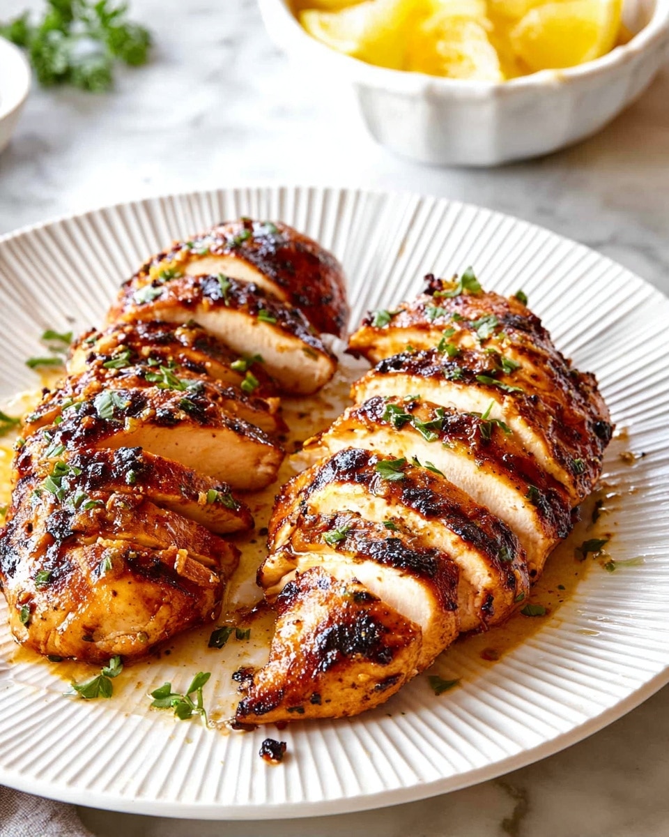 The image shows two grilled chicken breasts sliced into thick pieces, arranged side by side on a white plate with a subtle ridged pattern. Each chicken breast has about 10 to 12 slices, with a golden brown and slightly charred outer layer, glistening with juices and small bits of green herbs scattered on top. The meat looks tender and juicy inside with a slight pinkish tint near the edges. Small herb leaves are sprinkled on the plate around the chicken, adding spots of green color. In the background, part of a white bowl filled with bright yellow lemon wedges is visible, all set against a white marbled surface. photo taken with an iphone --ar 4:5 --v 7