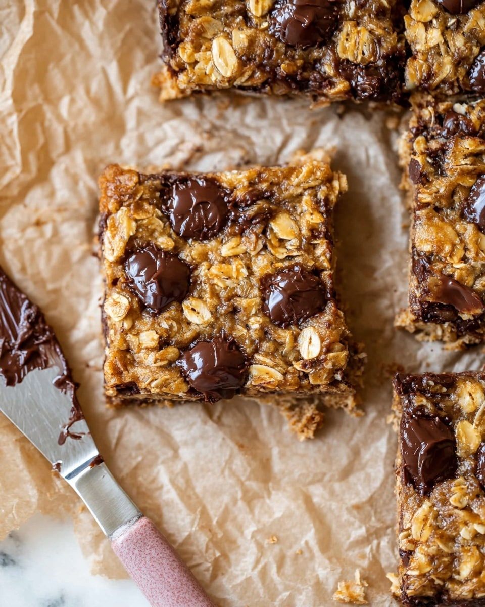The image shows a close-up of oatmeal chocolate chip bars cut into squares, placed on crinkled brown parchment paper on a white marbled surface. Each bar has a textured top layer of golden rolled oats with scattered shiny dark brown chocolate chips, some slightly melted. The bars are thick, with a chewy and slightly rough look from the oats. A silver spreading knife with a pink handle rests near the bars, with some chocolate smeared on it. Photo taken with an iphone --ar 4:5 --v 7