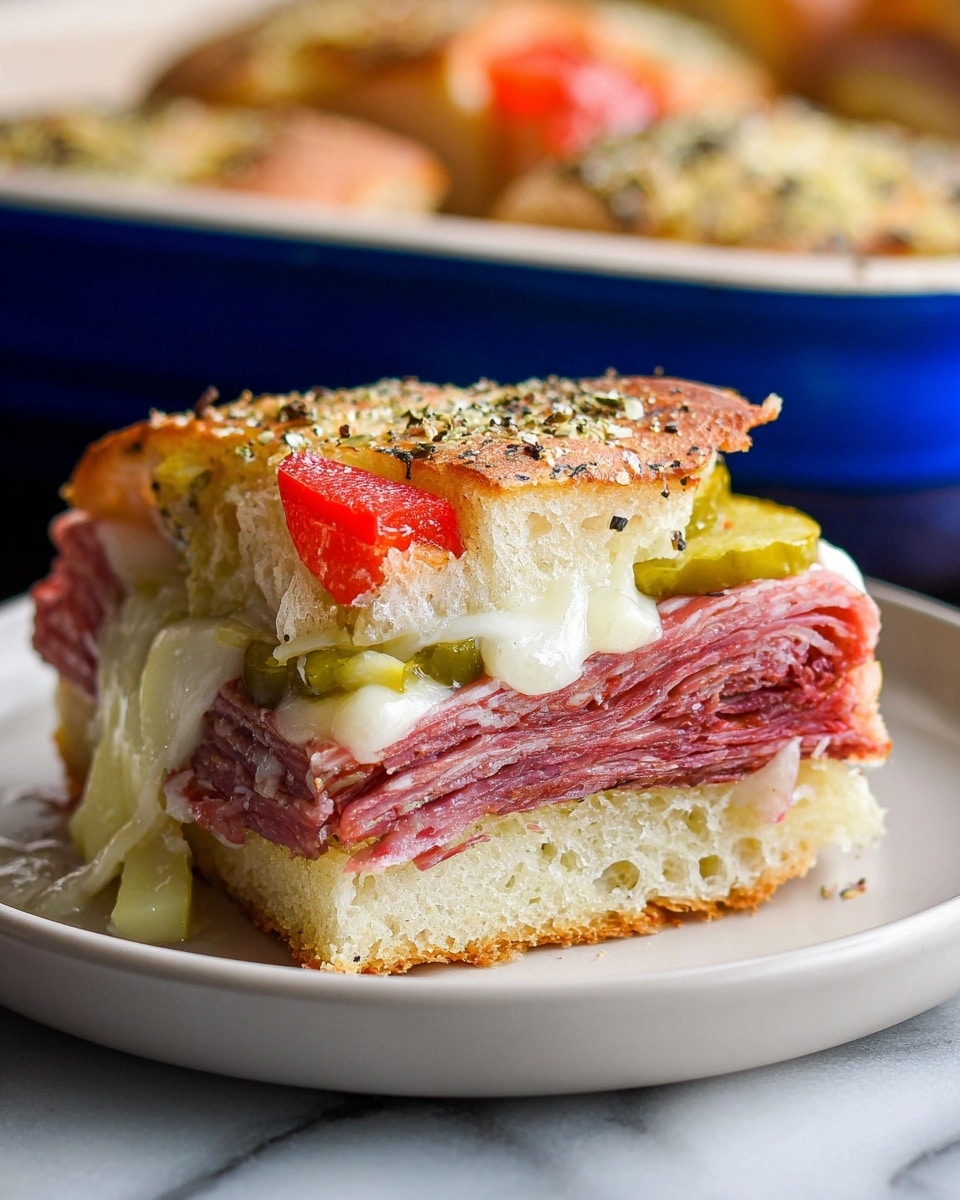 The image shows a close-up slice of a sandwich with four main layers on a white plate against a white marbled surface. The bottom layer is a soft bread base with a slightly toasted texture. Above it is a thick layer of sliced, reddish cured meat with visible marbling. Next is a smooth, white cheese layer, slightly melted and covering the meat. On top, there are slices of green pickles and a red pepper piece, all topped by a golden-brown bread crust seasoned with herbs and black pepper. In the background, more sandwich pieces are visible inside a white baking dish with a blue exterior. Photo taken with an iphone --ar 4:5 --v 7