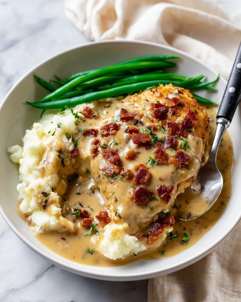 A white round plate shows a meal with three main parts: green beans, mashed potatoes with gravy, and a large chicken breast covered in creamy gravy with small crispy bacon pieces on top. The chicken is browned and sits under the thick, light brown gravy with specks of herbs scattered through it. The mashed potatoes sit under some of the same gravy with a smooth, soft texture, slightly lumpy. The green beans are bright green and fresh, placed neatly at the top edge. A spoon with a black handle rests on the plate, digging into the mashed potatoes. The plate is on a white marbled surface with a soft cream fabric visible nearby. photo taken with an iphone --ar 4:5 --v 7