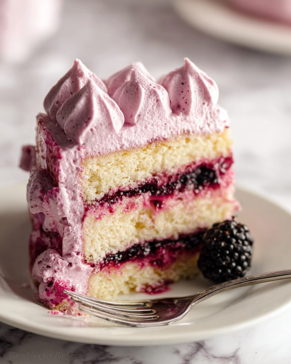 The image shows a close-up of a small cake slice with three visible layers. The bottom and middle layers are light yellow sponge cake soaked in a dark red berry syrup, giving them a wet texture. Between and on top of the cake layers is a thick, fluffy pink cream with a smooth texture, topped with dollops of the same pink cream creating soft peaks. A single blackberry sits next to the cake on a white plate. A silver fork rests on the plate near the cake, all on a white marbled surface. photo taken with an iphone --ar 4:5 --v 7