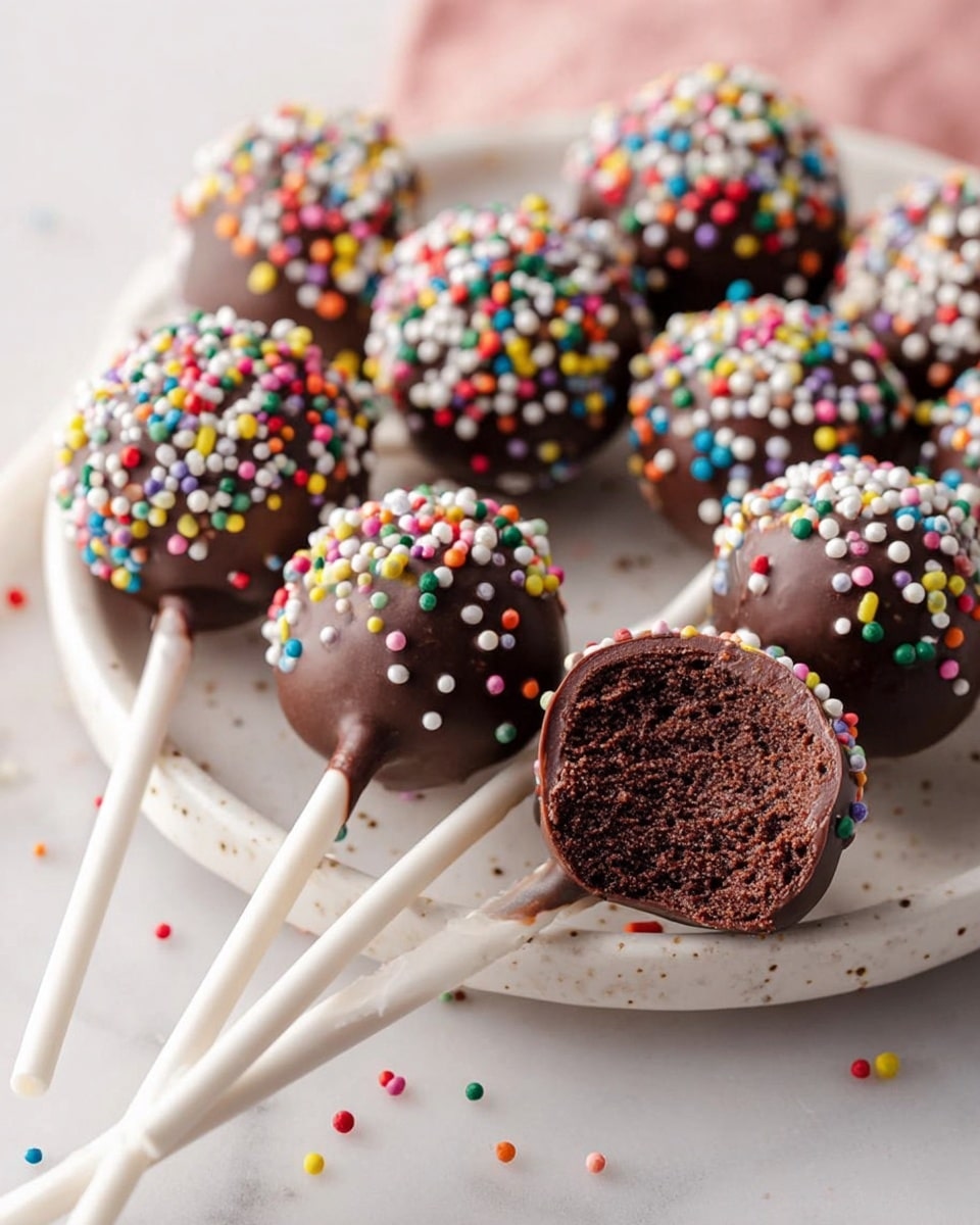 A white speckled plate holds around ten smooth, dark chocolate cake pops, each covered in colorful round sprinkles scattered mostly on the top half. One cake pop, positioned near the front, is slightly bitten, showing a moist, dark brown inner cake layer with fine texture. The white sticks are visible, pointing outward from the plate, and a few sprinkles are scattered on the white marbled surface beneath. The overall look is bright and inviting with soft lighting. photo taken with an iphone --ar 4:5 --v 7