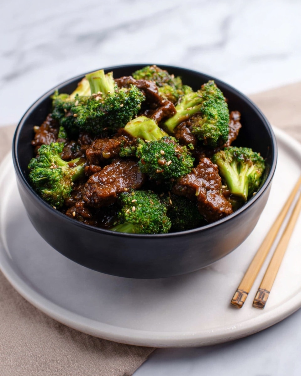 A black bowl filled with cooked broccoli and pieces of beef in a glossy brown sauce. The broccoli is bright green with small florets and tender stalks mixed evenly with juicy chunks of beef. The bowl is placed on a white marbled round board, next to a pair of light wooden chopsticks with dark tips. In the background, a light cloth is slightly visible on the white marbled surface. photo taken with an iphone --ar 4:5 --v 7