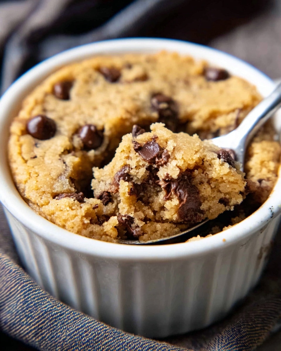 A close-up of a white ramekin filled with one thick layer of golden-brown baked cookie dough with visible dark chocolate chips scattered throughout; the top surface is slightly crumbly with a mix of crispy darker brown and soft lighter brown areas. A silver spoon is digging into the cookie from the right, scooping out some soft, gooey dough, while the white marbled texture underneath the ramekin adds a clean, bright background with a hint of a dark cloth in the upper left side. Photo taken with an iphone --ar 4:5 --v 7