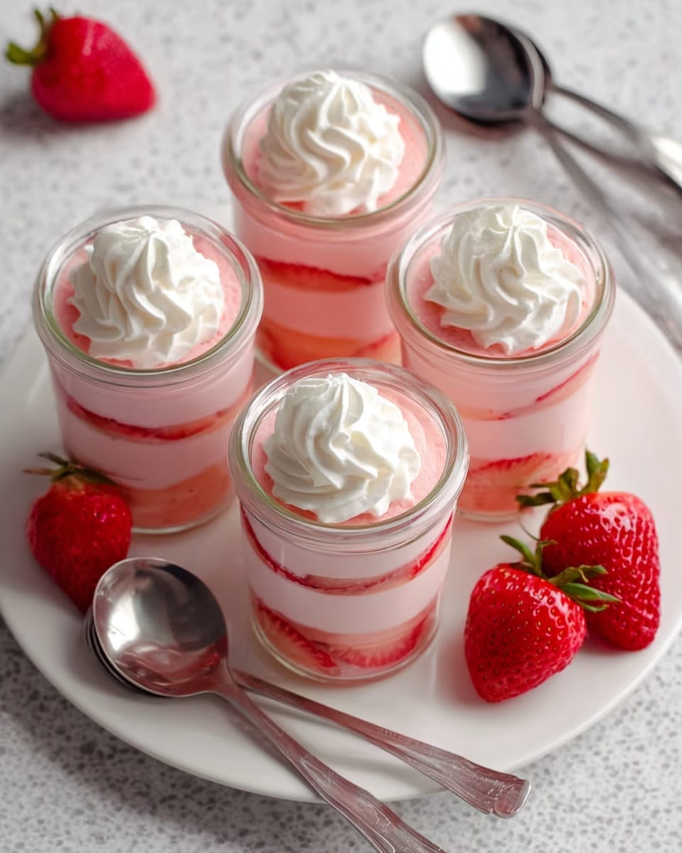 Four clear glass jars filled with a layered strawberry dessert sit on a white plate. Each jar has three visible layers: thin slices of red strawberries lining the bottom and sides, a thick pink creamy layer in the middle, topped with a smooth light pink layer. On top of each jar, there is a swirl of white whipped cream. The white plate also holds three bright red strawberries and three silver spoons resting beside the jars. The entire setting is placed on a white marbled surface. Photo taken with an iphone --ar 4:5 --v 7