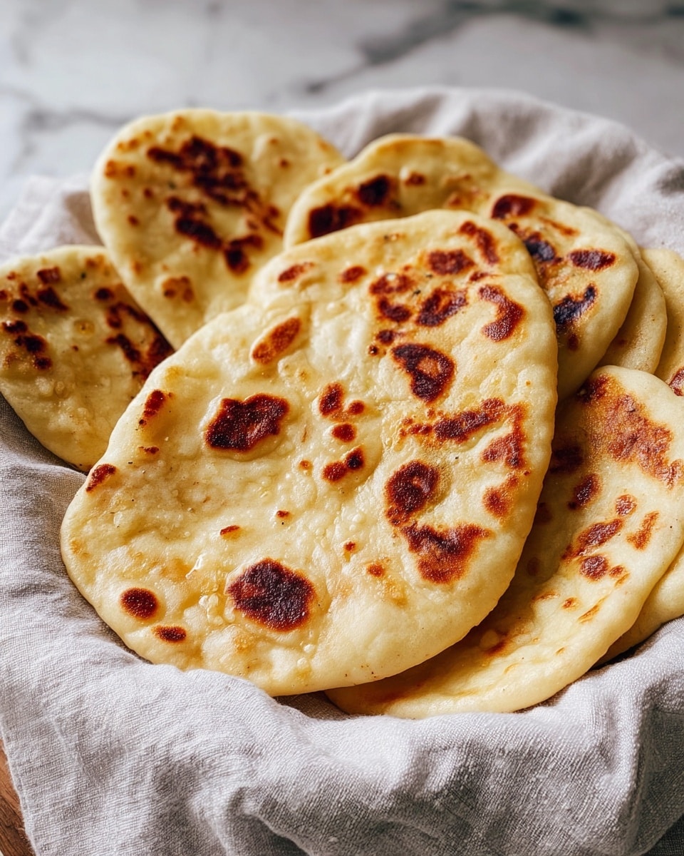 Several pieces of naan bread are stacked loosely against each other on a white cloth. Each naan is round to oval shaped with a pale yellowish dough color, showing glossy, slightly oily surfaces. Dark brown to golden toasted spots of irregular size scatter across the top, making a textured look. The background is a white marbled texture, adding a simple, clean contrast to the warm tones of the bread. Photo taken with an iphone --ar 4:5 --v 7