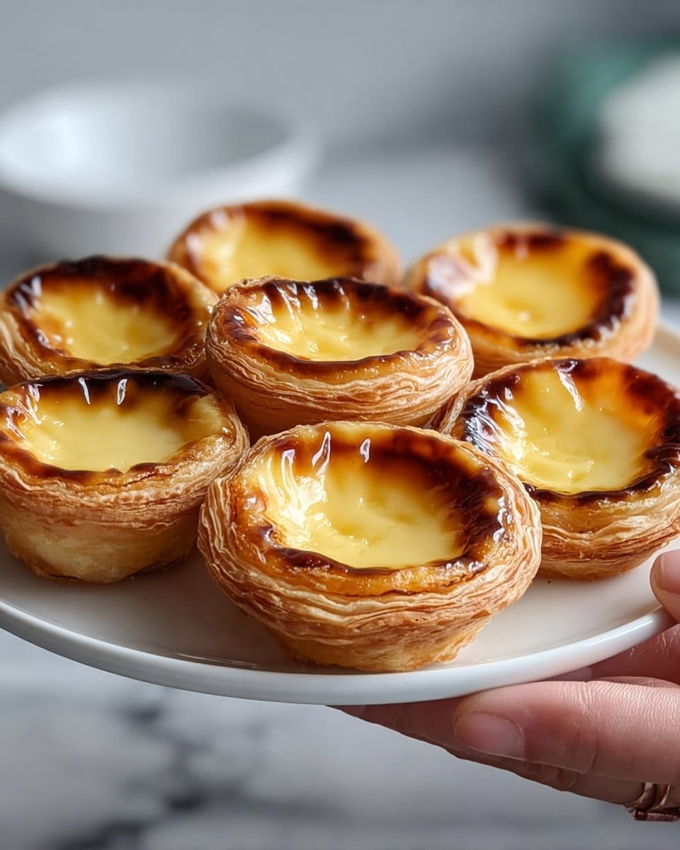 A white plate holds seven round custard tarts arranged closely together, each tart showing multiple thin layers of golden-brown, flaky pastry that appear crisp and light. The top layer surrounding the filling is darker brown with slight caramelization. In the center of each tart is a smooth, shiny, pale yellow custard filling with a glossy surface that reflects light, slightly sunken in the middle. A woman's hand is gently lifting the plate against a soft white marbled surface and a blurred background with a white bowl partially visible. Photo taken with an iphone --ar 4:5 --v 7
