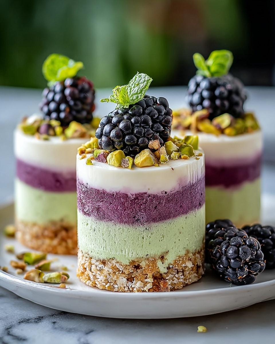 Three small layered desserts sit on a white plate with a few scattered blackberries nearby, all placed on a white marbled surface. Each dessert has four distinct layers: the bottom layer is crumbly and light brown, above it is a smooth green layer, followed by a creamy purple layer with a speckled texture, and topped with a thick white creamy layer. The white top layer is sprinkled with chopped nuts and pistachio pieces. Each dessert is decorated on top with three plump blackberries and a small green mint leaf. The background is softly blurred green tones, highlighting the detailed texture of the desserts. Photo taken with an iphone --ar 4:5 --v 7