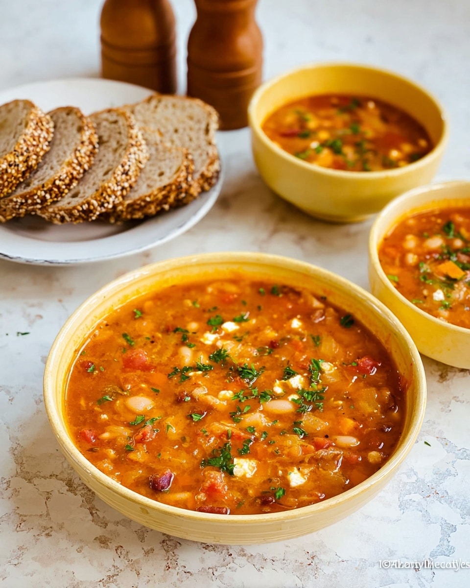 A close-up view shows three bowls of thick tomato-based soup with visible chunks of white beans, red and orange vegetables, and small white cheese pieces, all sprinkled with chopped green herbs. The largest bowl is in the front center, light yellow in color, filled generously with the soup. Behind it to the right are two smaller matching yellow bowls also filled with the soup, placed close together. To the left, a white plate holds several slices of multigrain bread with a golden crust sprinkled with sesame seeds. In the very back, two wooden salt and pepper shakers add a rustic touch, all set on a white marbled surface. Photo taken with an iphone --ar 4:5 --v 7