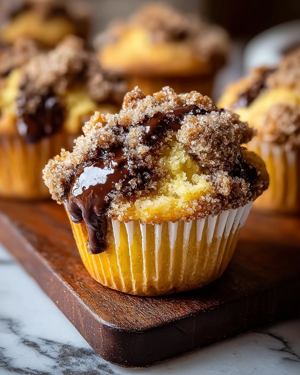 A close-up of a muffin with three visible layers: the bottom layer is a golden yellow cake with soft texture, the middle layer is melted dark chocolate oozing out from the side, and the top layer is a crumbly, light brown streusel topping coated with sugar crystals. The muffin is wrapped in a white paper liner and sits on a dark wooden board, with parts of other muffins blurred in the background. The surface beneath the board has a white marbled texture. photo taken with an iphone --ar 4:5 --v 7
