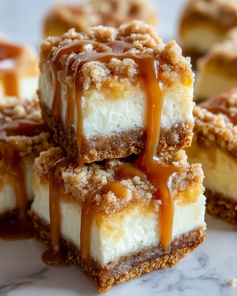 This image shows several square dessert bars stacked close together on a white marbled surface. Each bar has three clear layers: the bottom is a thick, crumbly, golden-brown crust, the middle is a smooth, creamy white layer, and the top layer is a crumbly streusel with a light brown color. Rich caramel sauce is drizzled over the top layer, with thick drips running down the sides of the bars. The texture of the crust looks crunchy, the middle creamy and soft, and the streusel topping crumbly. Photo taken with an iphone --ar 4:5 --v 7