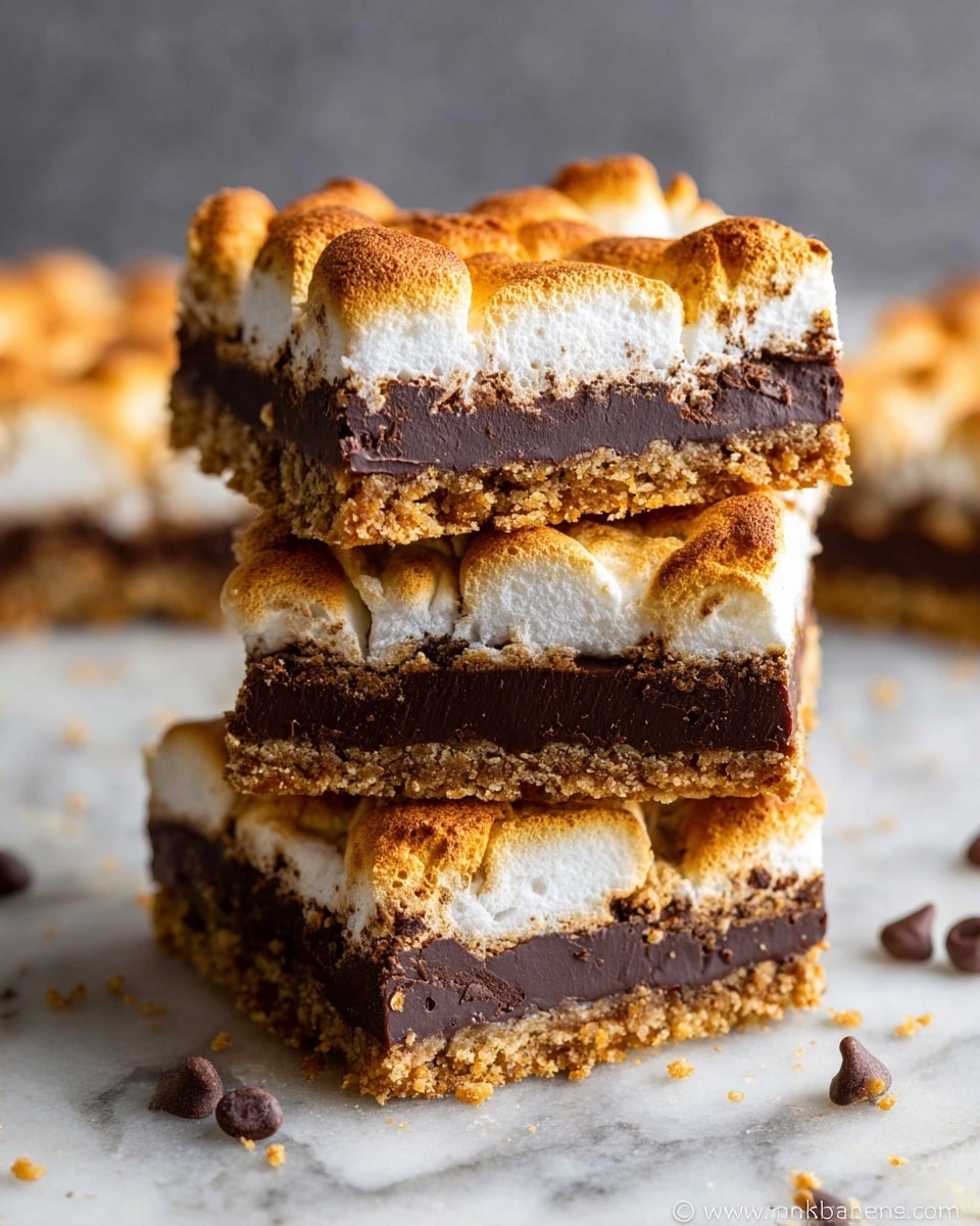A close-up image shows a stack of three s'mores bars on a white marbled surface. Each bar has three layers: a crumbly, golden brown graham cracker crust at the bottom, a thick, rich dark chocolate middle layer with a slightly rough texture, and a top layer of toasted marshmallows that are golden and puffy with slight browning on the peaks. Some crumbs and a few chocolate chips are scattered around the base of the stack, adding to the rustic look. The bars are square-shaped and appear moist and dense. photo taken with an iphone --ar 4:5 --v 7