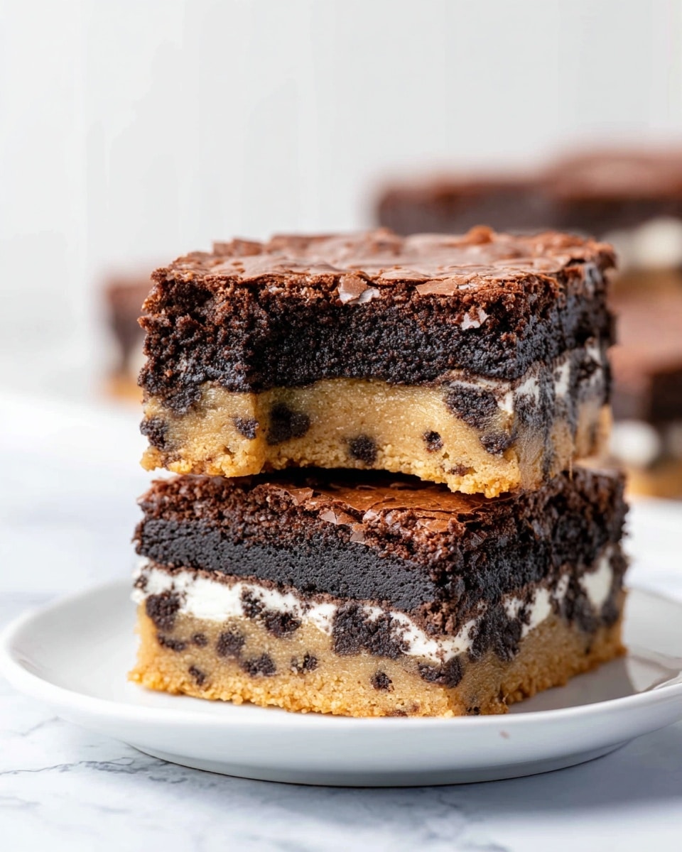 Two stacked dessert bars sit on a white plate over a white marbled texture background. Each bar has four visible layers: the bottom layer is a light brown cookie dough with chocolate chips, above that is a dark chocolate cookie sandwich layer with white cream in the center, followed by a thick dark brown fudgy brownie layer, and the top has a slightly cracked brownie crust. The top bar has a bite taken out, showing the soft texture of the brownie and cookie dough inside. Photo taken with an iphone --ar 4:5 --v 7
