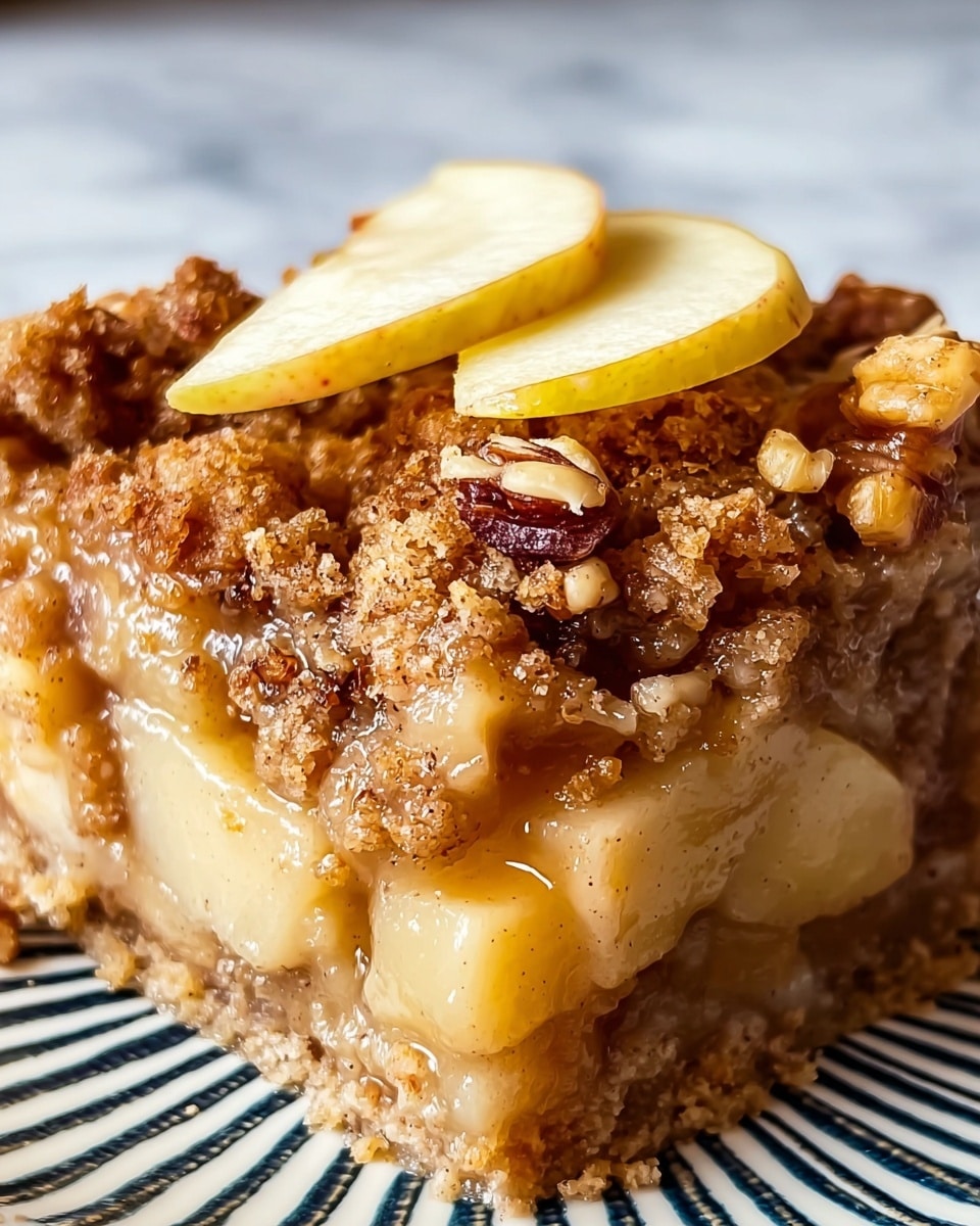 The image shows a close-up of a square slice of apple crumble dessert on a white plate with dark blue lines. The dessert has three visible layers: a thick bottom crust that looks crumbly and light brown, a middle layer full of soft, cooked apple chunks in a gooey, shiny, light beige sauce with small cinnamon specks, and a top layer of golden brown crumbly topping mixed with pieces of walnuts and a couple of thin, pale yellow apple slices placed on top. The background is a white marbled texture. photo taken with an iphone --ar 4:5 --v 7