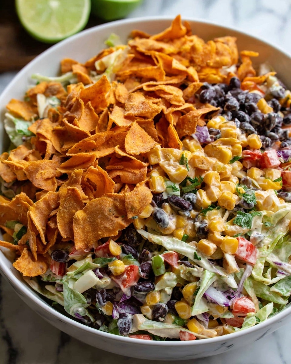 A white bowl filled with a colorful layered salad, starting from the bottom with a mix of green herbs and thinly sliced white cabbage. The middle layer contains black beans, yellow corn kernels, and finely chopped red and green peppers. On top, there are crunchy orange sweet potato chips scattered throughout, adding texture and vibrant color. The salad looks creamy with a light dressing coating the ingredients, and there is a slightly messy arrangement that feels fresh and homemade. The bowl sits on a surface with white marbled texture, a lime cut in half is visible in the background. photo taken with an iphone --ar 4:5 --v 7