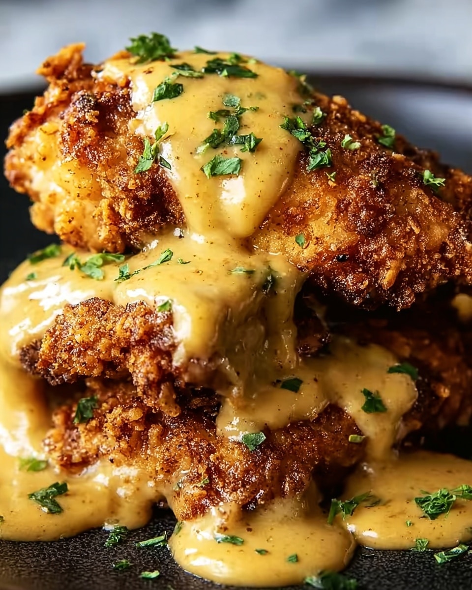 This close-up image shows a stack of two crispy, golden-brown fried chicken pieces with a crunchy texture. They are generously covered with a thick, creamy mustard-yellow sauce that drips down the sides, decorated with small green parsley flakes sprinkled on top. The chicken rests on a black plate, with a white marbled texture in the background. photo taken with an iphone --ar 4:5 --v 7