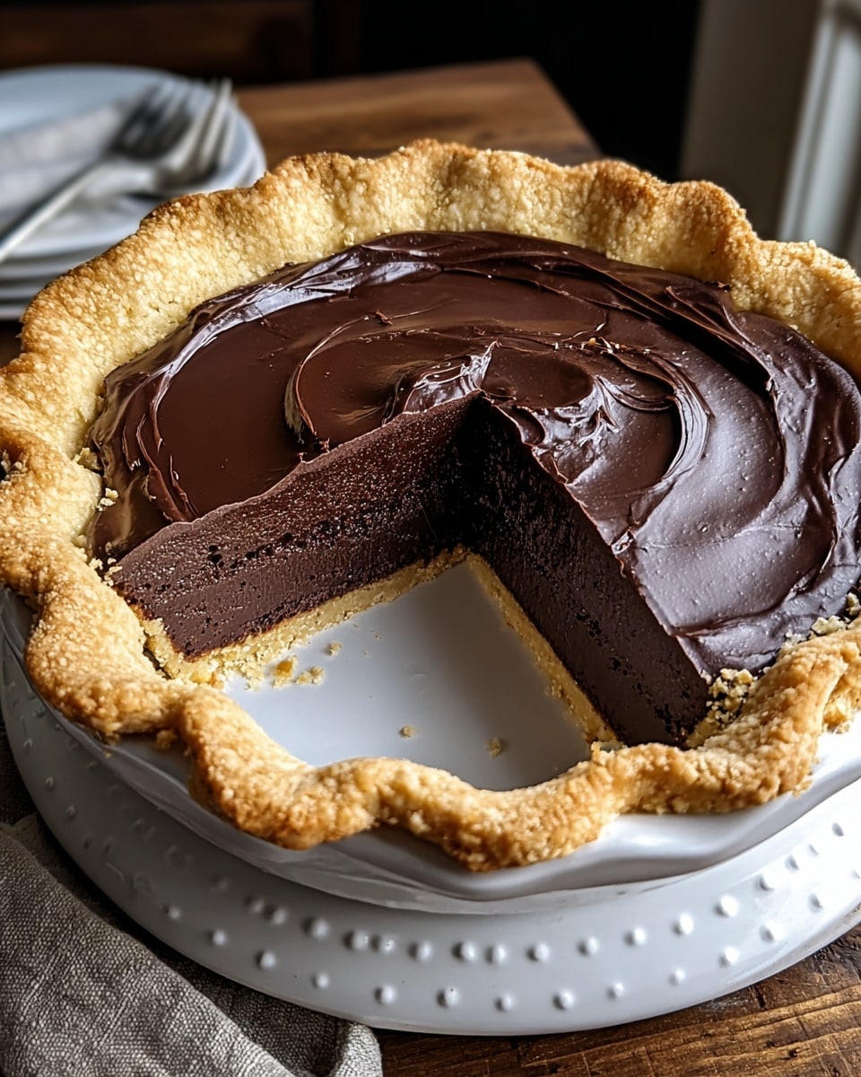 A close-up shows a chocolate pie with three layers, sitting on a white plate with a raised dot pattern around the edge. The outer crust is golden brown and flaky with a rough texture and crimped edges. Inside, there’s a thick, dense dark chocolate filling taking up most of the pie’s height, smooth but firm, topped with a glossy, slightly swirled chocolate ganache layer that is lighter in color. A slice is cut out, revealing the sharp contrast between the crust and the dark chocolate filling inside. The pie is set on a wooden table with part of a cloth visible beside it. photo taken with an iphone --ar 4:5 --v 7