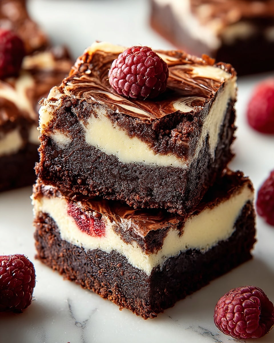 The image shows two thick brownie squares stacked on each other with a rich chocolate brown bottom and a creamy white cheesecake layer swirled inside. The top surface of the brownies has a shiny, cracked chocolate crust with a dark raspberry placed in the center of the top square. Around the brownies, there are a few more scattered dark red raspberries, all placed on a white marbled texture. The brownie layers have a dense, moist look, while the cheesecake part looks smooth and soft. photo taken with an iphone --ar 4:5 --v 7
