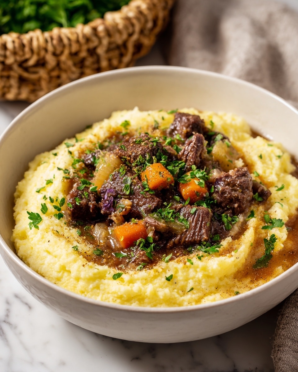 A white bowl holds a base layer of creamy, pale yellow mashed potatoes with a soft, smooth texture. On top, there is a rich brown gravy with chunks of tender, dark brown beef, and pieces of orange carrots, all mixed together with visible bits of onion and herbs. Bright green chopped parsley is sprinkled over the dish, adding a fresh contrast to the warm, earthy colors of the meat and vegetables. The bowl sits on a white marbled surface with a woven basket filled with green herbs blurred in the background. photo taken with an iphone --ar 4:5 --v 7