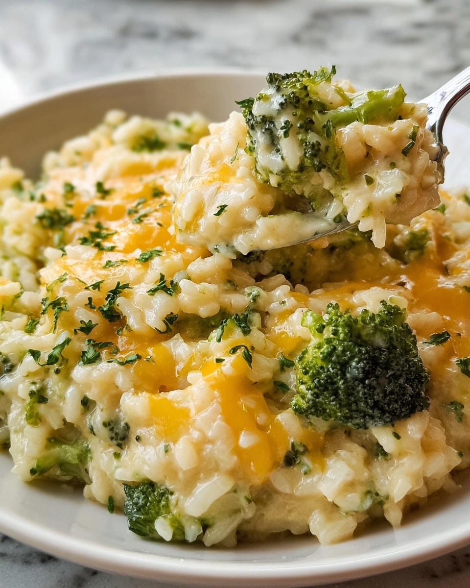 The dish shows a close-up of a creamy, cheesy rice casserole in a white plate, filled with tender, soft white rice mixed with bright green broccoli florets evenly spread throughout. The top layer is melted golden-yellow cheese with a smooth, slightly oily texture, sprinkled with finely chopped green herbs. The dish looks rich and moist, with a spoon lifting a portion, revealing the creamy, soft texture of the rice and broccoli underneath. The whole scene rests on a white marbled surface. Photo taken with an iphone --ar 4:5 --v 7
