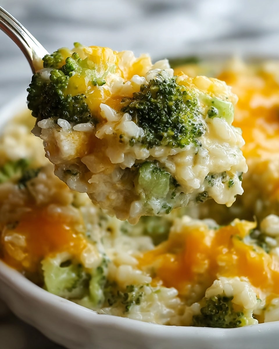 A close-up view of a spoon full of creamy cheesy broccoli rice. The spoon shows three main layers: bright green broccoli pieces with a rough, bumpy texture on top, soft white rice grains mixed throughout the middle, and golden melted cheddar cheese with a smooth, slightly shiny texture draped over parts of the broccoli and rice. The background has a blurred white bowl with more of the same dish, resting on a white marbled surface. The colors are warm with green, white, and orange-yellow tones. photo taken with an iphone --ar 4:5 --v 7