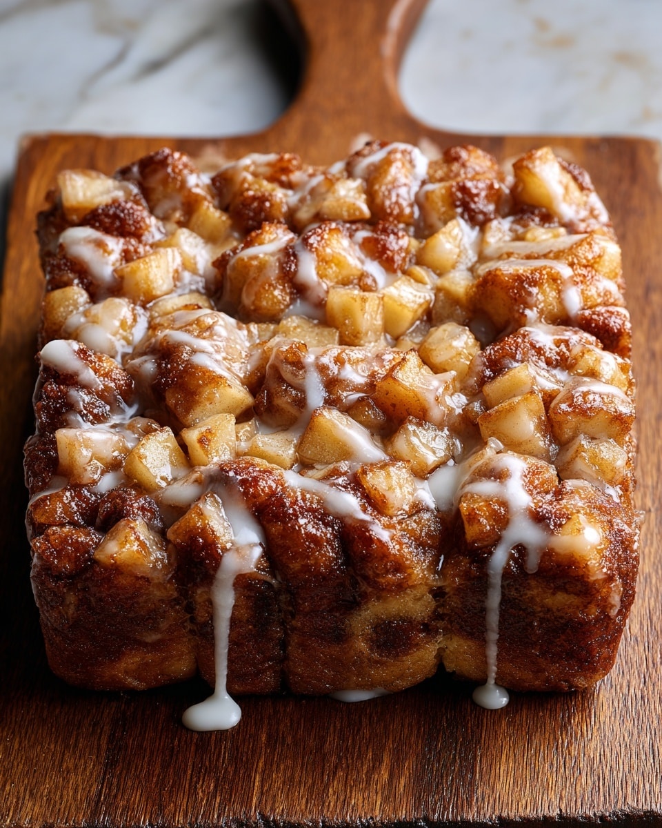 A square cinnamon apple monkey bread sits on a wooden cutting board, showing three visible layers of fluffy, golden-brown dough chunks studded with soft, caramelized apple pieces. The chunky dough pieces have a slightly crisp, dark brown exterior with a gooey, sticky texture where they meet the tart apple cubes, which are caramelized with cinnamon and sugar, giving a rich amber color. The whole top is drizzled with thin white icing streams that lightly coat the bread and drip down the sides, contrasting with the warm tones of the bread and apple pieces. The background is changed to a white marbled texture. photo taken with an iphone --ar 4:5 --v 7