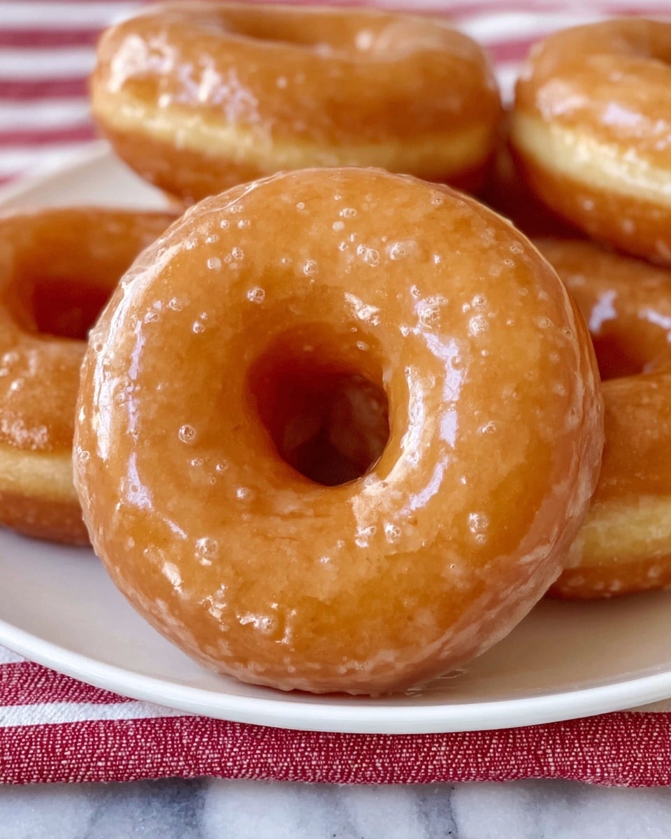 The image shows a close-up of several golden-brown glazed donuts stacked on a white plate. The donuts have a shiny glaze coating with small bubbles and a smooth texture. The donut in front has a perfectly round shape with a clear hole in the center, highlighting its soft and slightly puffy appearance. The plate rests on a red and white striped cloth, and the background features a white marbled texture. photo taken with an iphone --ar 4:5 --v 7