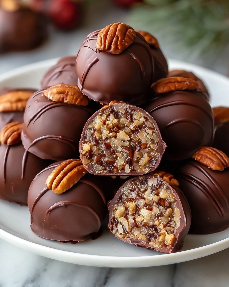 A pile of round chocolate-covered truffles sits in the center of a white plate on a white marbled surface. Each truffle is smooth and shiny with thin grooves running vertically around them, topped with a whole pecan half. Two truffles are cut open at the front to show the inside, filled with a mix of chopped pecans and a sticky, caramel-like filling creating a rough, nutty texture in warm brown and golden tones. The background is softly blurred, highlighting the rich colors and details of the truffles. photo taken with an iphone --ar 4:5 --v 7