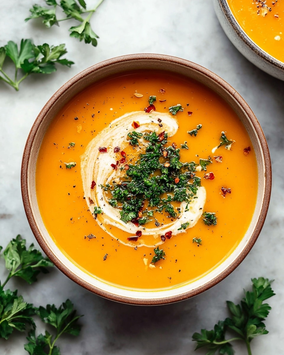 A round bowl filled with smooth, bright orange soup, topped with a swirl of white cream in the center. On top of the cream, small pieces of chopped green parsley and a mix of black pepper and red chili flakes are scattered, adding texture and color contrast. The bowl has a light brown rim and rests on a white marbled surface, with fresh parsley leaves nearby for garnish. Photo taken with an iphone --ar 4:5 --v 7