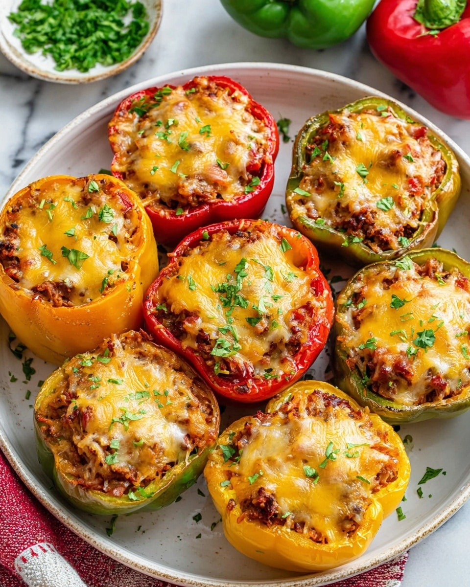 A white bowl filled with seven stuffed bell peppers cut in half at the top, arranged closely together. Each pepper acts as the base layer, showing a mix of red, yellow, and green colors with smooth textures. The second layer inside the peppers consists of a browned meat and rice filling, giving a chunky texture with hints of dark brown and reddish tones. The top layer is melted golden-yellow cheese that smoothly covers the filling with a slight shine, garnished with small bits of chopped green herbs scattered on top. The bowl sits on a white marbled surface with a red and white cloth partially visible underneath, with green and red peppers and a small dish with fresh chopped herbs placed beside it. Photo taken with an iphone --ar 4:5 --v 7