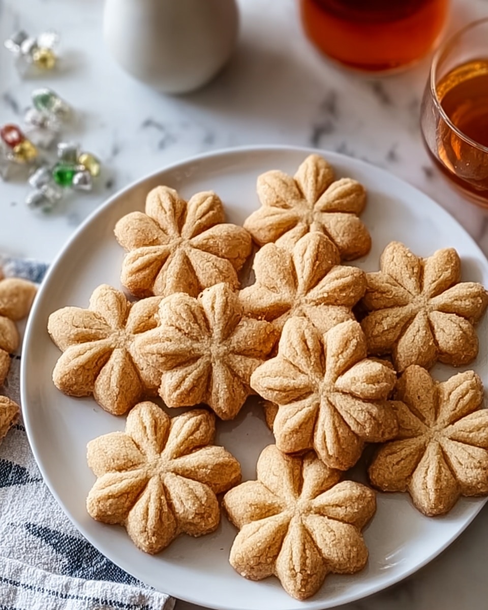 A white plate filled with a dozen light golden cookies shaped like six-petaled flowers, each petal thick and slightly curved with a textured, crumbly surface. The cookies are evenly spaced and have a soft, grainy look suggesting a sandy texture. The plate sits on a white marbled surface, partially covered by a striped cloth with clear clip decorations, and next to it is a glass of amber liquid and a white ceramic container in soft focus. Photo taken with an iphone --ar 4:5 --v 7