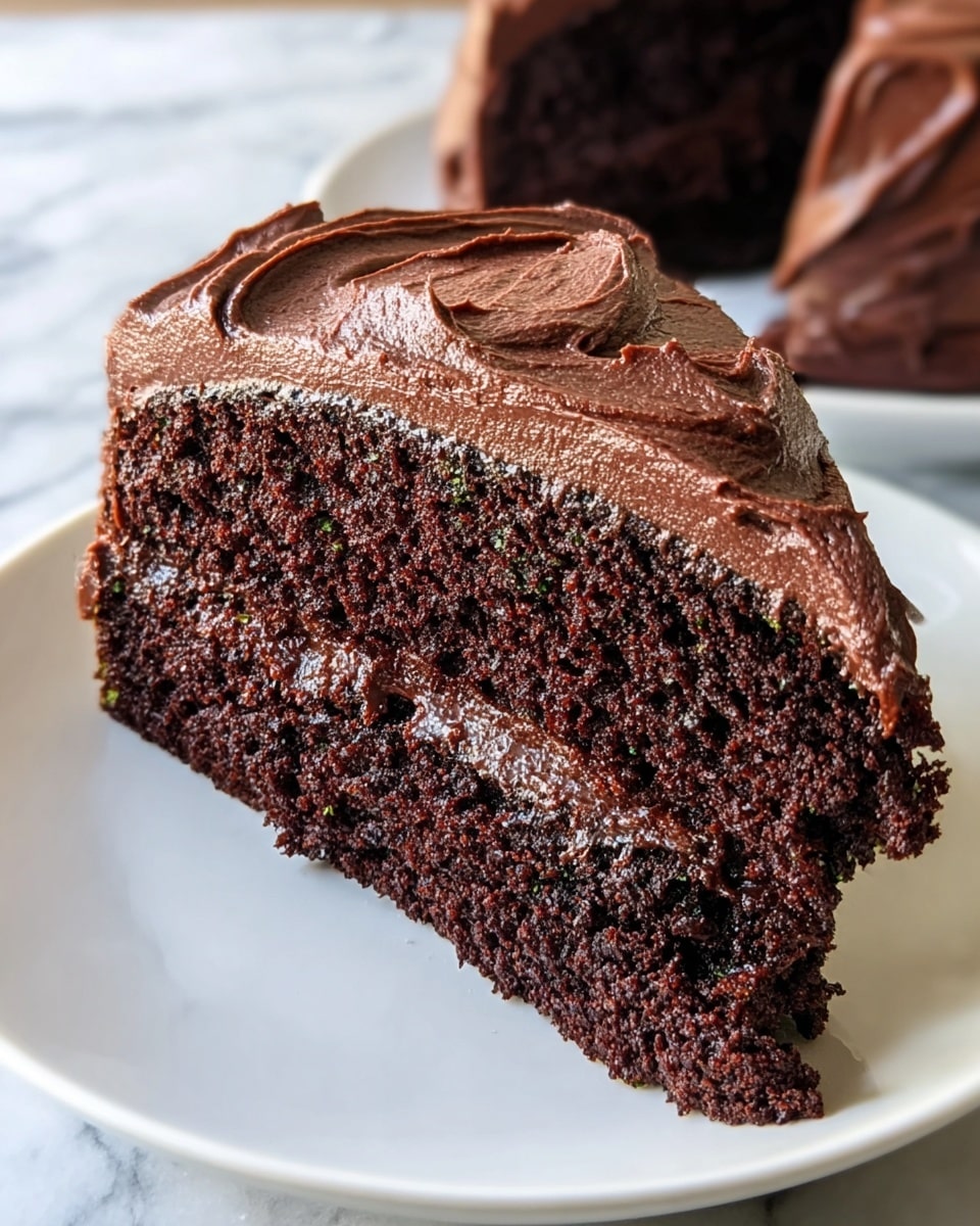 A slice of two-layer dark chocolate cake is placed on a white plate. The cake layers are moist and rich with a deep brown color and a fine crumb texture. Between the layers and on top, there is thick, smooth chocolate frosting that is slightly glossy with a creamy texture, spread evenly but with some gentle swirls and peaks. The background shows a white marbled surface. photo taken with an iphone --ar 4:5 --v 7