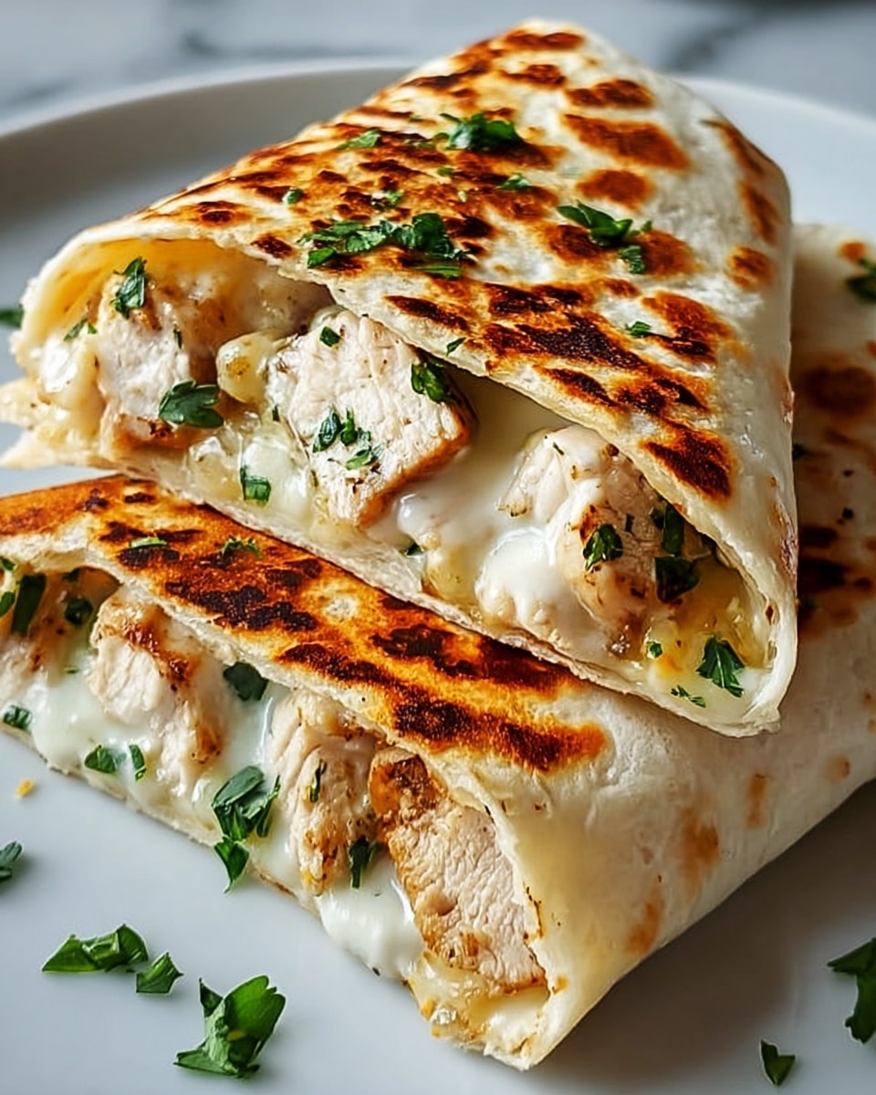 Two grilled tortillas are folded over and stacked on a white plate placed on a white marbled surface. Each tortilla shows a golden-brown, slightly charred pattern on the outside. Inside, layers of grilled chicken chunks with a light brown sear sit mixed with melted creamy white cheese and small green herb pieces, giving a fresh look. Some herbs are sprinkled on the plate, adding a touch of green contrast to the warm tones of the wrap. Photo taken with an iphone --ar 4:5 --v 7