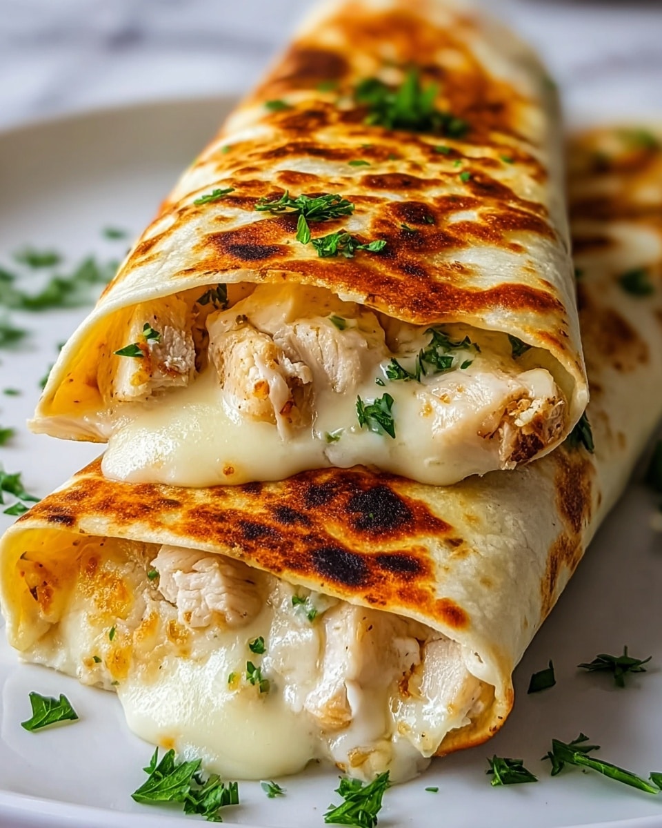 Two rolled tortillas are stacked on a white plate set on a white marbled surface, with the top tortilla slightly overlapping the bottom one. Each tortilla has a golden-brown, toasted surface with some darker spots and is sprinkled with small pieces of green parsley. Inside, there are visible layers of creamy melted white cheese and chunks of tender, lightly browned chicken. The tortillas have a soft texture with slight crispness on the outer layer, and the cheese appears gooey and melted, squeezing out slightly from the edges. Small green parsley leaves are scattered around the plate as garnish. photo taken with an iphone --ar 4:5 --v 7