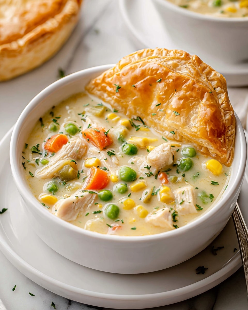 A white bowl filled with creamy chicken and vegetable soup sits on a white plate on a white marbled surface. The soup shows chunks of white chicken pieces, bright green peas, yellow corn, orange carrot bits, and small bits of translucent onion in a thick, pale yellow broth sprinkled with green herbs. Resting on the bowl's edge is a golden-brown, flaky puff pastry crust, partly dipped into the soup. The background features another bowl with similar pie crust visible. photo taken with an iphone --ar 4:5 --v 7