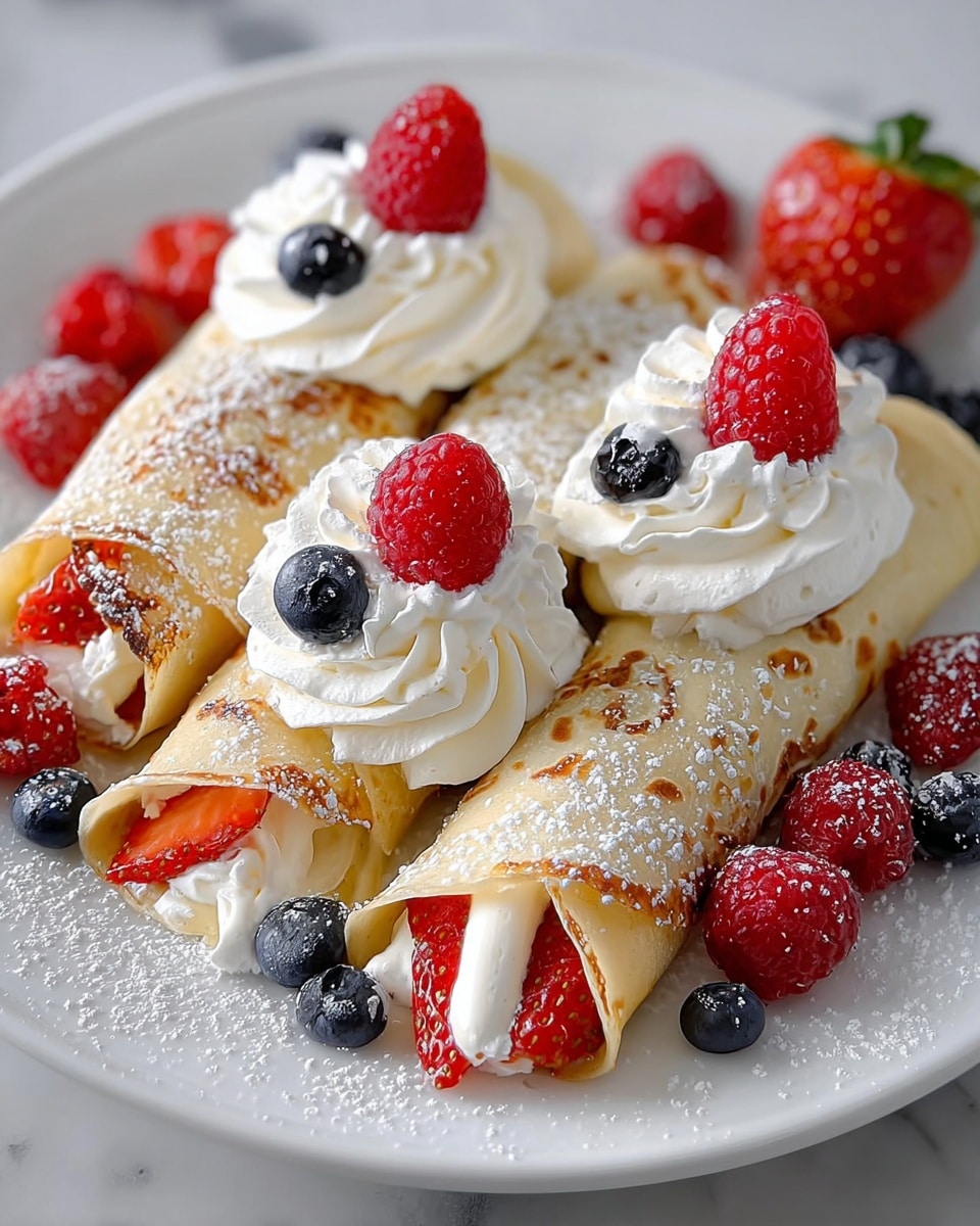 Three thin crepes are rolled and filled with white whipped cream, fresh red strawberries, and dark blue blueberries. Each crepe is topped with a swirl of whipped cream, decorated with one red raspberry and two blueberries. Around the plate, there are more red raspberries and blueberries scattered, lightly dusted with white powdered sugar. The crepes have a light golden-brown color with some darker spots. All of this is arranged on a white plate, set on a white marbled surface. photo taken with an iphone --ar 4:5 --v 7