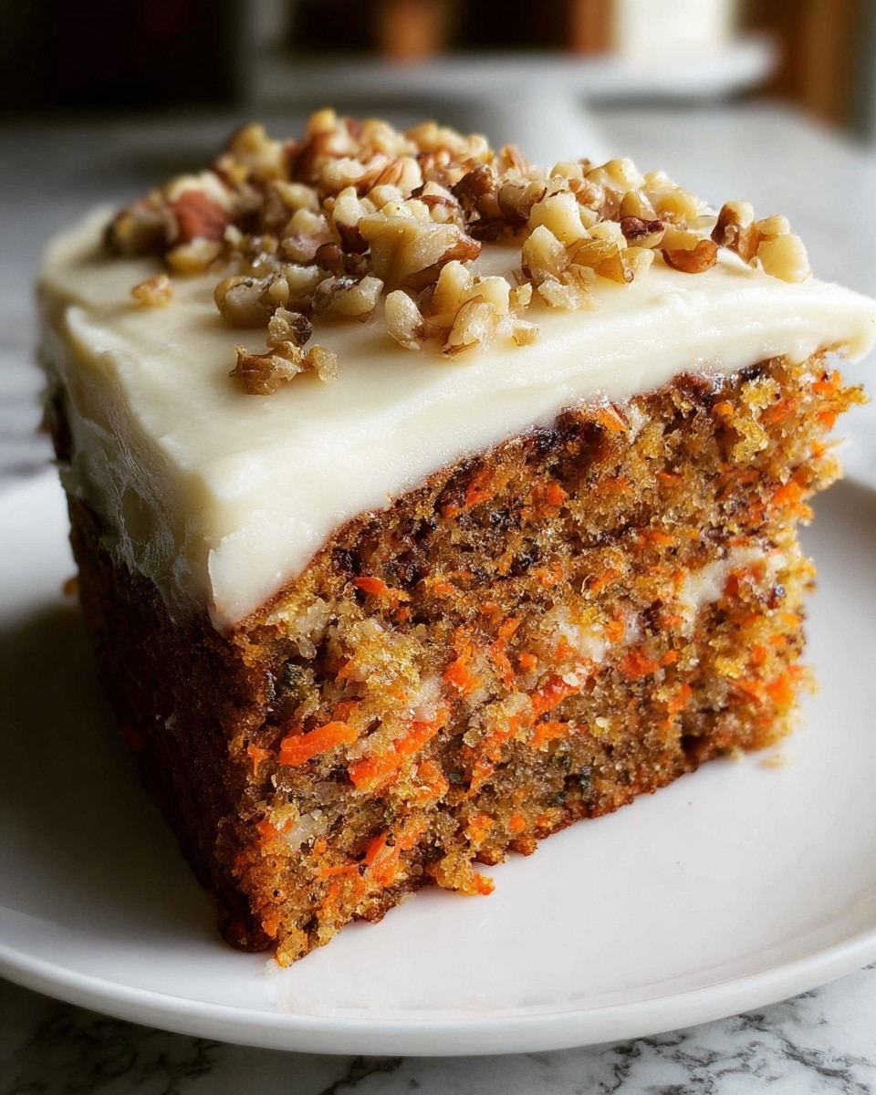 A close-up of a single slice of carrot cake on a white plate, featuring two main layers: the bottom layer is a dense, moist cake rich with visible bits of orange carrot and dark specks, giving a textured look; the top layer is a thick, smooth, creamy white frosting that covers the entire cake slice evenly and slightly overhangs the edges; crushed walnut pieces are scattered on top of the frosting, adding a chunky, brown texture; the background and surface are softly blurred with a white marbled texture under the plate. photo taken with an iphone --ar 4:5 --v 7