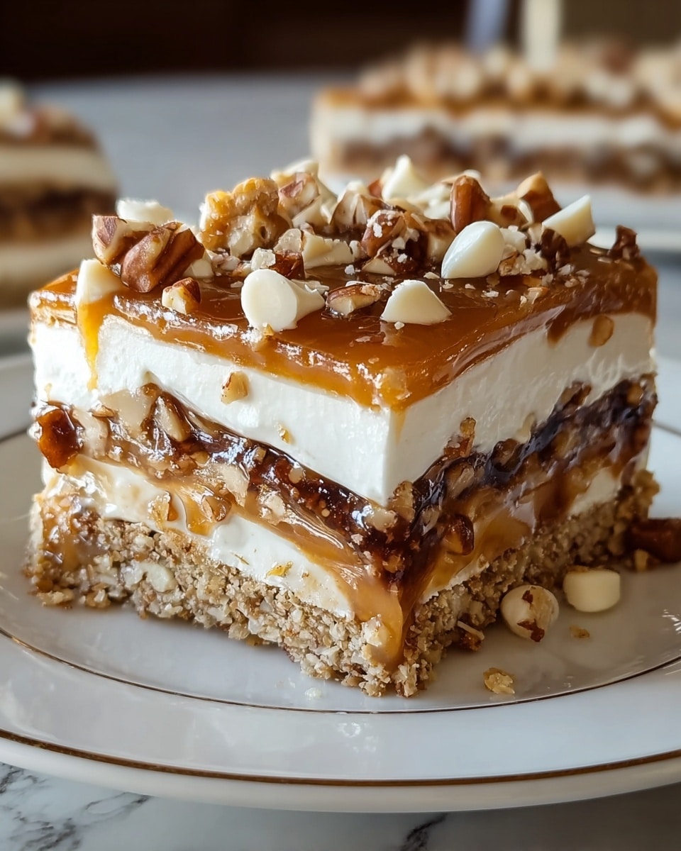 A close-up of a square dessert on a white plate with a thin gold rim, showing four visible layers: the bottom layer is a crumbly, light brown crust with bits of nuts, the second layer is a thick, dark caramel mixed with chopped nuts, the third layer is a thick white cream, and the top layer is a smooth golden caramel glaze covered with chopped milk and white chocolate pieces, all sitting on a white marbled surface. photo taken with an iphone --ar 4:5 --v 7