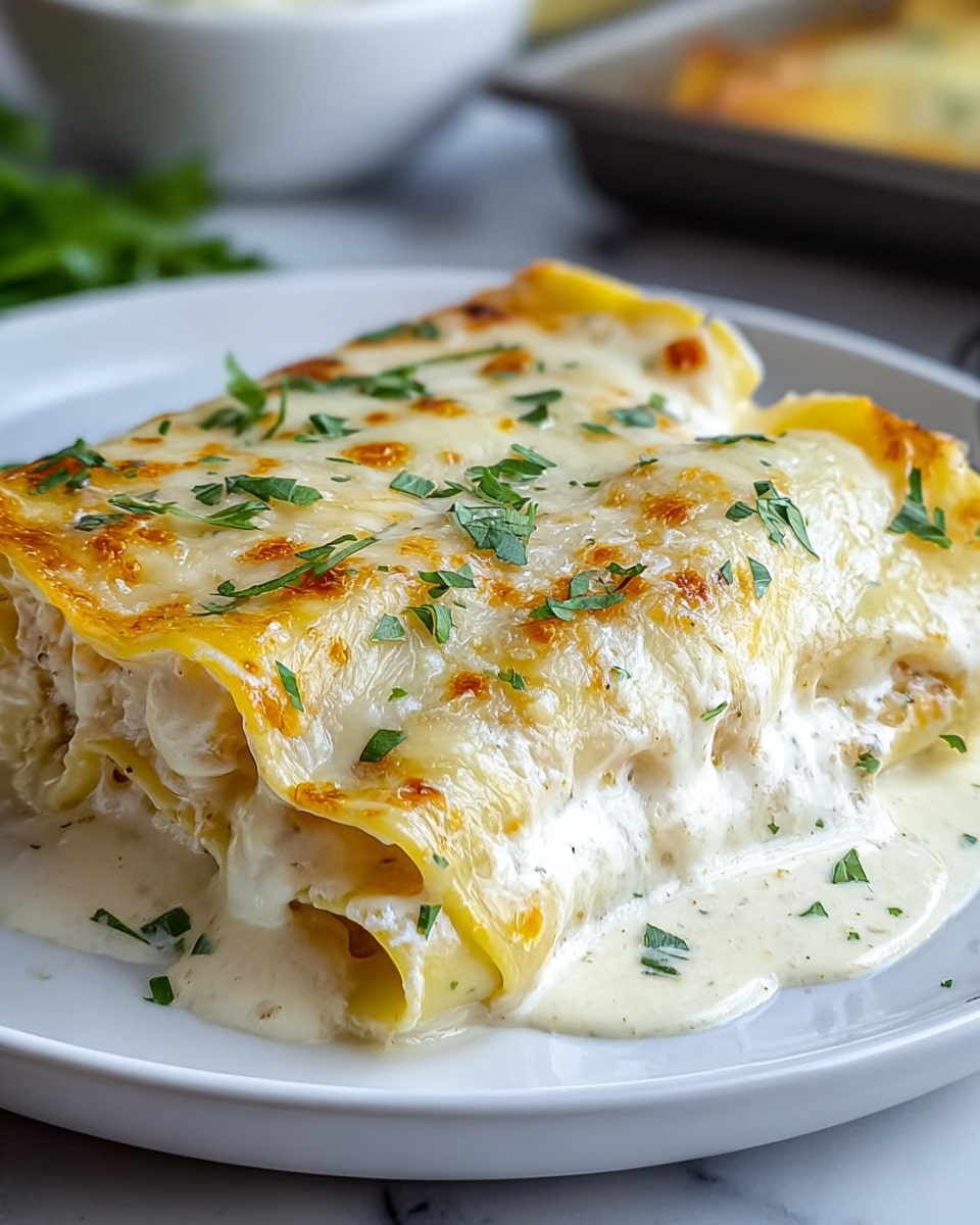 A close-up of a white plate with a two-layer rolled pasta dish covered in creamy white sauce and melted golden-brown cheese on top, sprinkled with fresh green herbs. The pasta layers are soft and slightly see-through at the edges, with sauce oozing out between them. The background shows a blurred bowl and a baking tray. The surface is a white marbled texture. Photo taken with an iphone --ar 4:5 --v 7