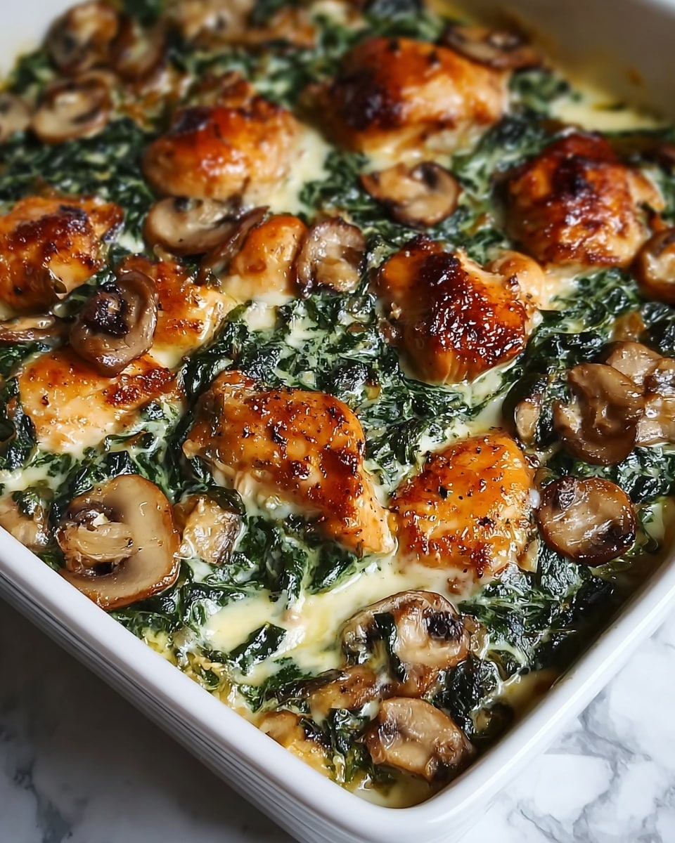 This close-up image shows a baked dish with three main layers. The bottom layer is green, made of cooked spinach that looks soft and wilted. The middle layer has a light creamy sauce that fills spaces between the ingredients. The top layer has golden-brown chicken pieces, grilled with a slightly crispy surface and a shiny texture from the sauce. Scattered around the chicken are cooked mushrooms that are light brown with a tender look. The dish is inside a white rectangular baking dish, and the photo is taken on a white marbled surface. photo taken with an iphone --ar 4:5 --v 7