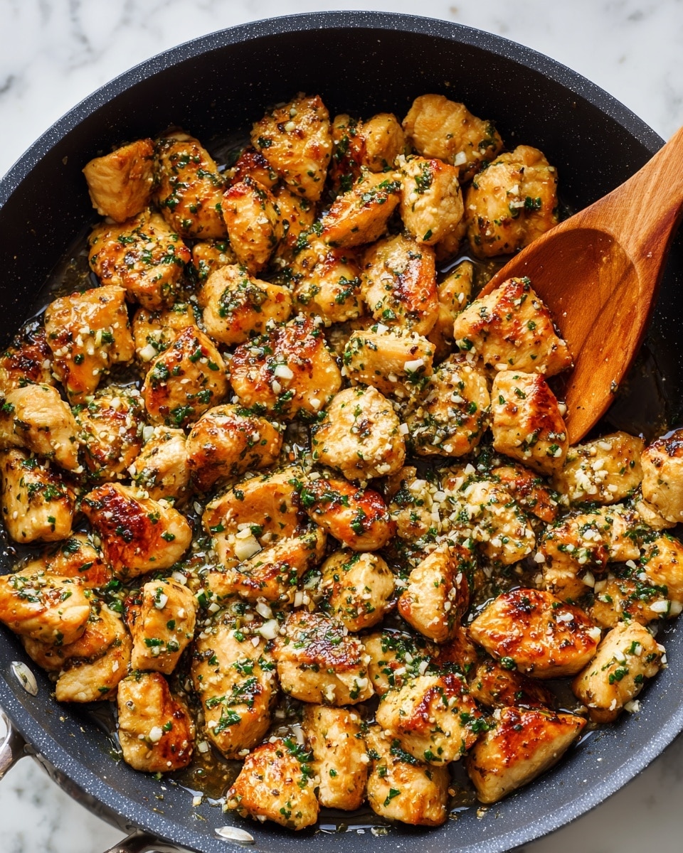The image shows a close-up of a dark cooking pan filled with many golden-brown chicken pieces, each piece nicely seared with a slightly crispy texture. The chicken chunks are evenly coated with small bits of white garlic and sprinkled with green herbs, giving a fresh and flavorful look. The chicken pieces are scattered all over the pan, showing some oily shine and moistness, with a wooden spoon stirring or resting on the right side of the pan. The background is a white marbled surface. photo taken with an iphone --ar 4:5 --v 7