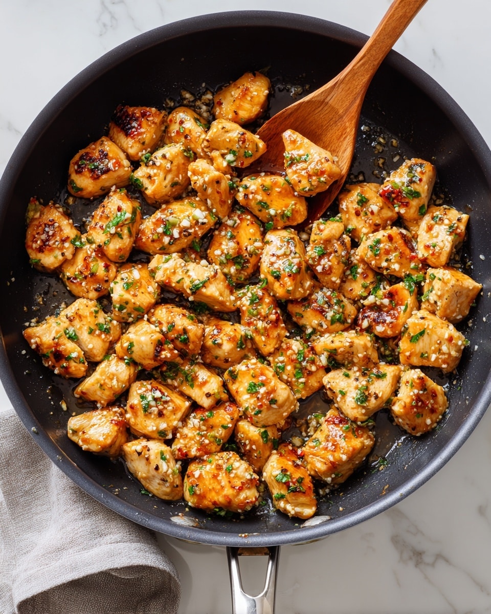 The image shows a black non-stick frying pan filled with small, golden-brown chicken pieces that have a crisp, seared texture. Each piece is coated lightly with a glossy sauce that looks buttery and rich, with white bits of chopped garlic and small sprinkles of fresh green herbs, likely parsley, scattered evenly across the chicken. The pan is placed on a white marbled surface, and a wooden spoon rests inside the pan, slightly lifting some pieces. A soft gray cloth is placed next to the pan near the handle, which is metallic. The scene is bright and clean, highlighting the warm colors and shiny texture of the cooked chicken. photo taken with an iphone --ar 4:5 --v 7