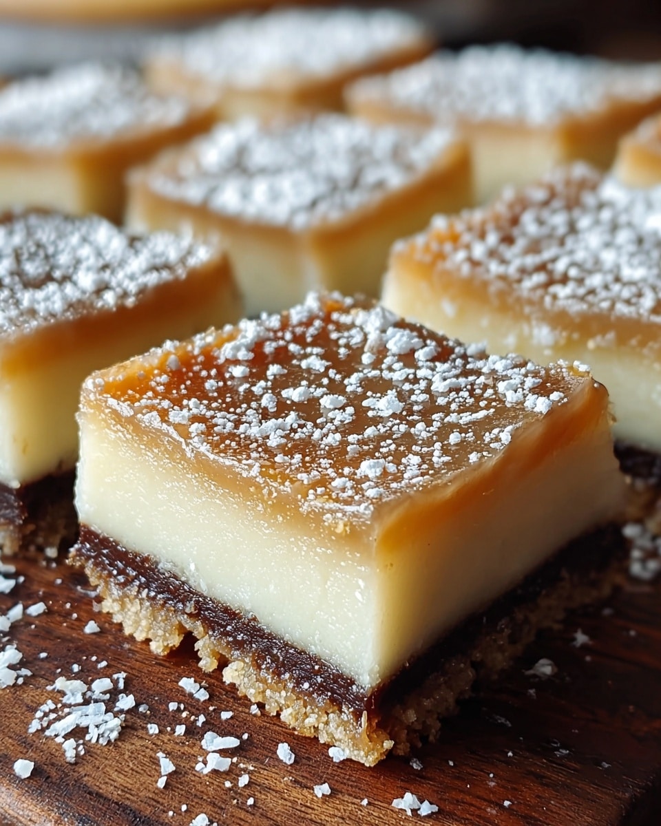 Rows of square dessert bars are shown on a dark wooden surface, each with three visible layers: a thin, crumbly brown base, a thick, smooth off-white middle layer, and a shiny golden brown top layer dusted lightly with white powdered sugar. The top has a slightly textured, almost glossy appearance with small bubbles or dimples. Some crumbs and powder are scattered around the bars. Photo taken with an iphone --ar 4:5 --v 7