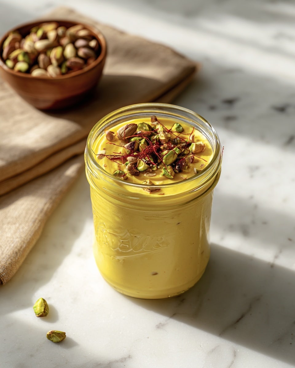 A clear glass jar filled with a thick, smooth, bright yellow creamy mixture takes center focus. The top layer is decorated with whole green pistachios, small chopped nuts, and thin strands of reddish-brown saffron, all arranged evenly across the surface. Behind the jar, there is a small bowl filled with more pistachios, sitting on a beige cloth that adds texture to the scene. The background is a clean white marbled surface with soft natural light casting gentle shadows, creating a warm and inviting atmosphere. Photo taken with an iphone --ar 4:5 --v 7