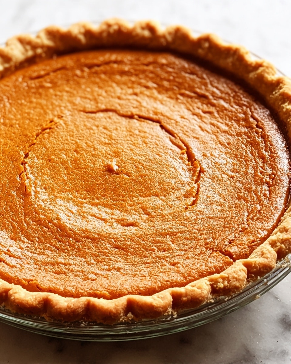 This image shows a close-up of a whole pumpkin pie with a smooth, evenly baked golden-orange filling that has a slightly textured surface with subtle swirl marks in the center. The pie crust is light brown, flaky, and crimped around the edges, holding the filling in a clear glass pie dish. The pie sits on a white marbled surface, creating a clean and bright setting. Photo taken with an iphone --ar 4:5 --v 7