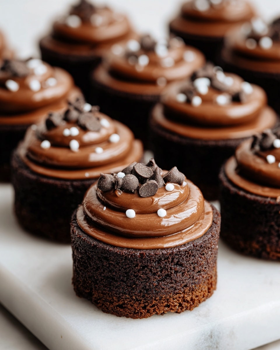 A group of small round chocolate cakes sits on a white marbled surface. Each cake has two layers: the bottom layer is a dark brown, dense chocolate cake base, and the top layer is a smooth, shiny swirl of rich chocolate frosting. On top of the frosting, there are small chocolate chips and tiny white round sprinkles scattered evenly. The cakes are neatly arranged, with the closest one in clear focus and the others blurred softly in the background. photo taken with an iphone --ar 4:5 --v 7