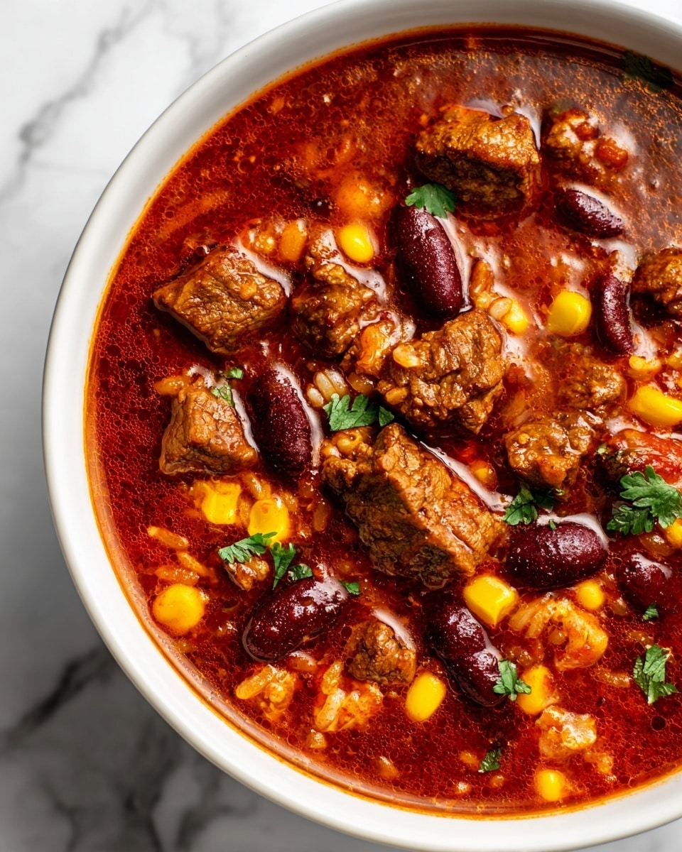 A close-up view of a bowl of thick beef chili shows multiple layers: a red-orange broth filled with chunks of dark brown cooked beef in the center, mixed with bright yellow corn kernels, dark red kidney beans, white rice grains, and small pieces of red and green bell peppers scattered throughout. Green fresh cilantro leaves float on top, adding a pop of color. The bowl is white and sits on a white marbled surface. photo taken with an iphone --ar 4:5 --v 7