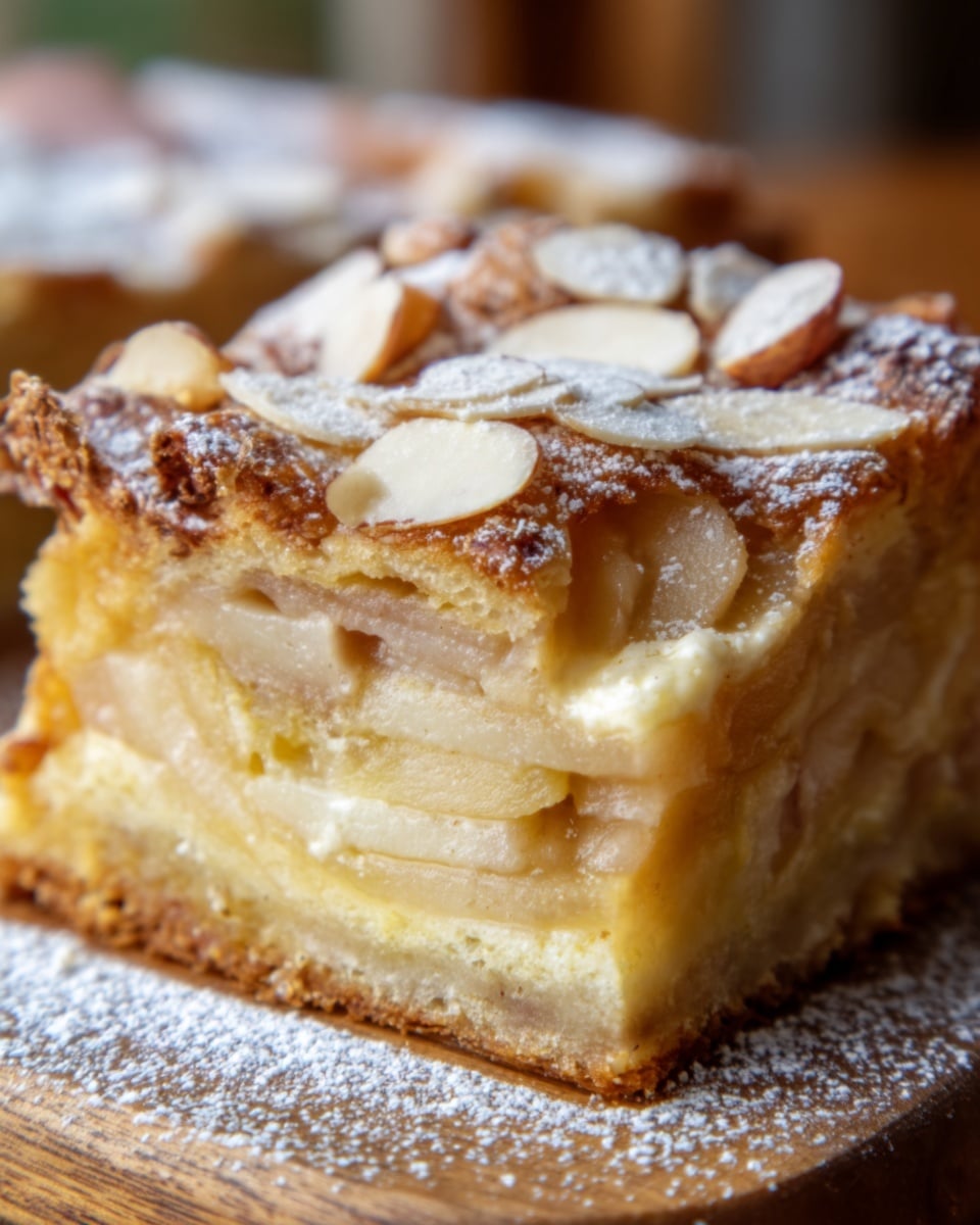 A close-up of a thick square slice of apple cake on a wooden board with a white marbled background. The cake has multiple thin apple layers stacked inside with a golden brown crust on top. The top layer is topped with sliced almonds and a light dusting of powdered sugar, giving a soft white contrast to the warm colors. The texture looks soft and creamy inside with a slightly crispy surface. Photo taken with an iphone --ar 4:5 --v 7