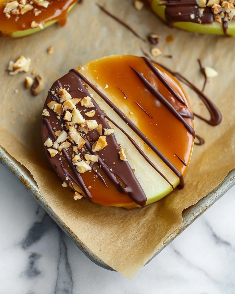 A round apple slice serves as the base layer, pale yellow-green with a smooth texture. The second layer is a thick, glossy caramel coating, rich amber in color, covering almost the entire top of the apple slice. On one side of the caramel layer, there are small chopped nuts scattered, light beige with a rough texture. The top layer consists of dark chocolate drizzles, shiny and dark brown, running diagonally over the caramel and nuts in three thin lines. The apple slice rests on a light brown parchment-lined tray with a slightly torn edge, and there is some extra chocolate drizzle on the parchment nearby. The background is a white marbled surface. photo taken with an iphone --ar 4:5 --v 7